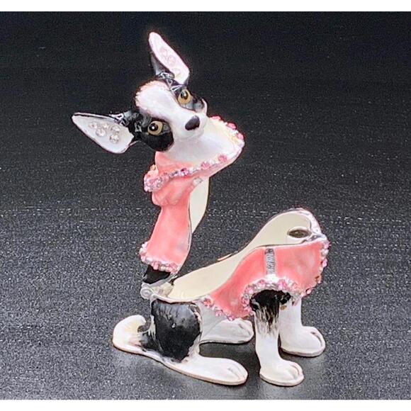 Boston Terrier Dog Jeweled Trinket Box Pink Enamel Rhinestone Figurine - Picture 3 of 4